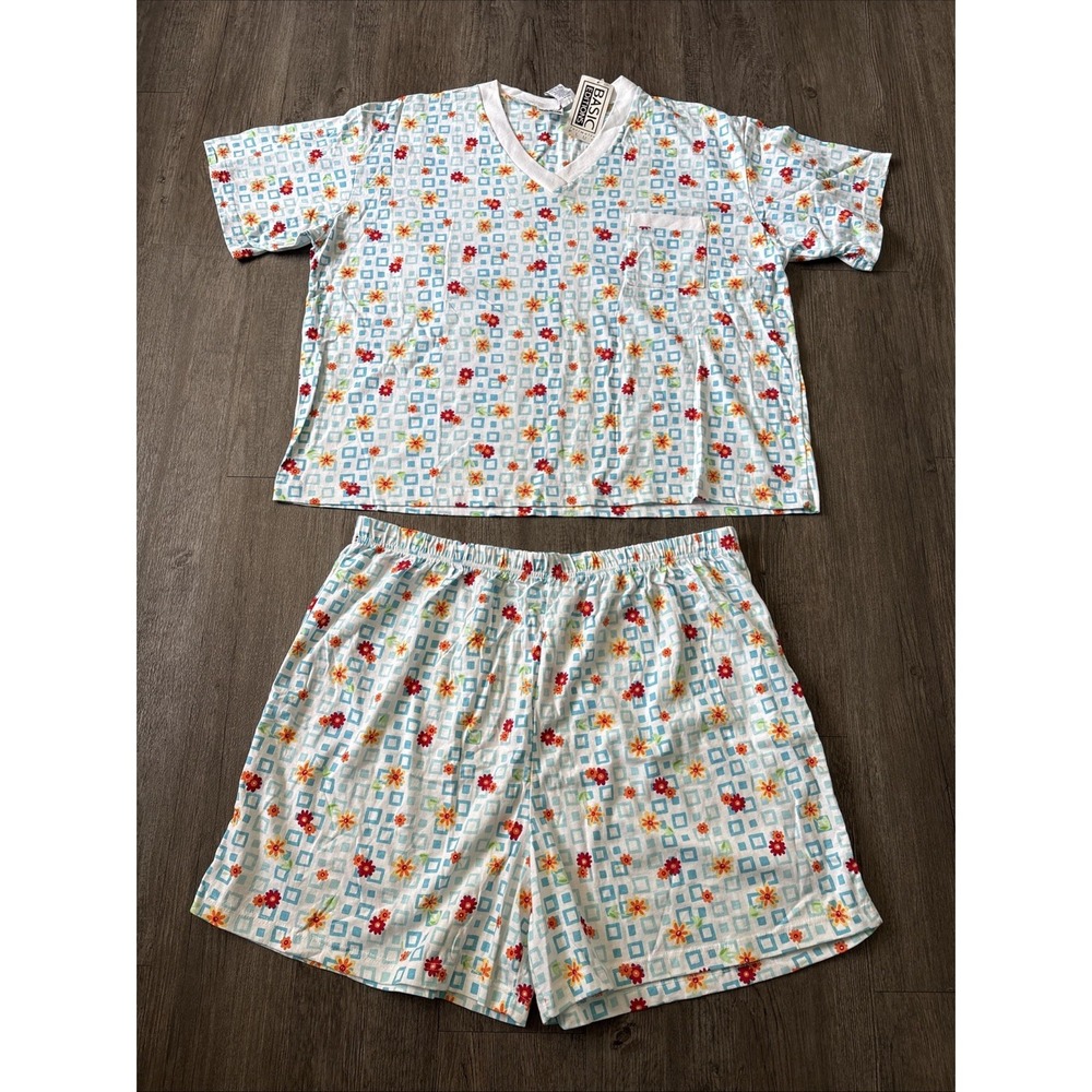 Basic Editions Womens Summer Set Shirt and Shorts Blue Floral 2X